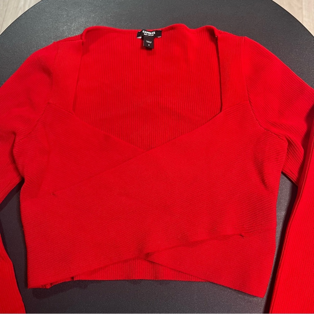 Red Long Sleeve Wrap Crop Top